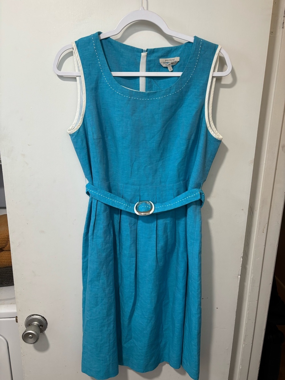 Anna Thomas Turquoise Linen Cotton Belted Dress Fabric Made In Italy Size 12